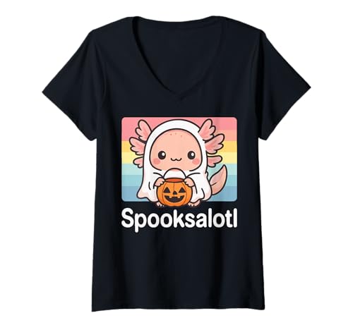 Damen Spooksalotl Halloween Axolotl T-Shirt mit V-Ausschnitt Damen Spooksalotl Halloween Axolotl T-Shirt mit V-Ausschnitt von Gruselig Halloween Geist Kostüm Süßer Axolotl