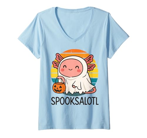 Damen Spooksalotl Halloween Axolotl T-Shirt mit V-Ausschnitt Damen Spooksalotl Halloween Axolotl T-Shirt mit V-Ausschnitt von Gruselig Halloween Geist Kostüm Süßer Axolotl