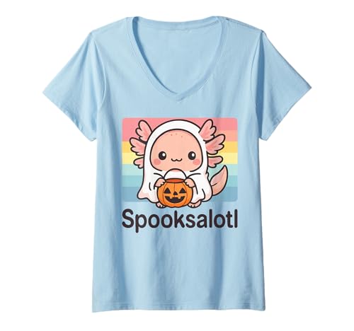 Damen Spooksalotl Halloween Axolotl T-Shirt mit V-Ausschnitt Damen Spooksalotl Halloween Axolotl T-Shirt mit V-Ausschnitt von Gruselig Halloween Geist Kostüm Süßer Axolotl