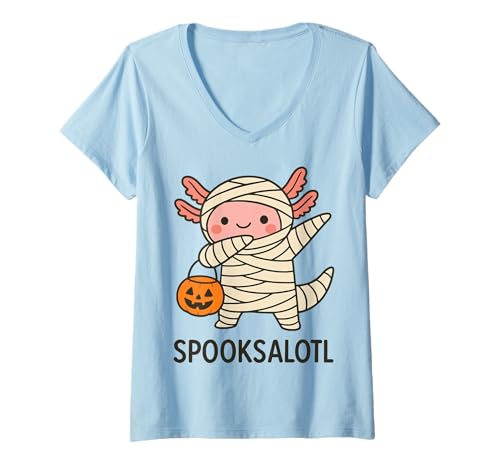 Damen Spooksalotl Halloween Axolotl T-Shirt mit V-Ausschnitt Damen Spooksalotl Halloween Axolotl T-Shirt mit V-Ausschnitt von Gruselig Halloween Geist Kostüm Süßer Axolotl