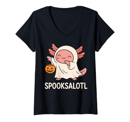 Damen Spooksalotl Halloween Axolotl T-Shirt mit V-Ausschnitt Damen Spooksalotl Halloween Axolotl T-Shirt mit V-Ausschnitt von Gruselig Halloween Geist Kostüm Süßer Axolotl