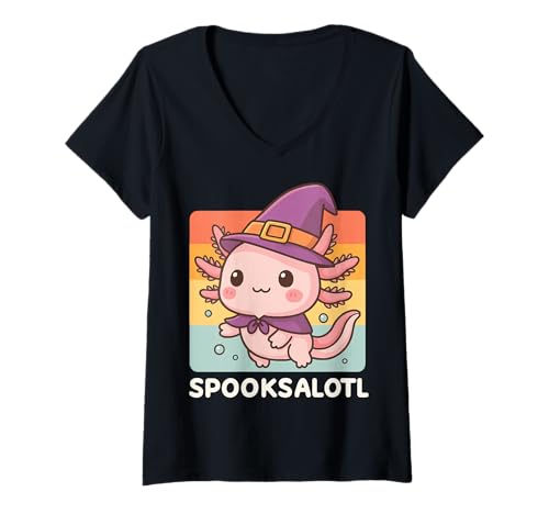 Damen Spooksalotl Halloween Axolotl T-Shirt mit V-Ausschnitt Damen Spooksalotl Halloween Axolotl T-Shirt mit V-Ausschnitt von Gruselig Halloween Geist Kostüm Süßer Axolotl