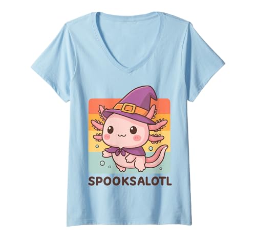 Damen Spooksalotl Halloween Axolotl T-Shirt mit V-Ausschnitt Damen Spooksalotl Halloween Axolotl T-Shirt mit V-Ausschnitt von Gruselig Halloween Geist Kostüm Süßer Axolotl