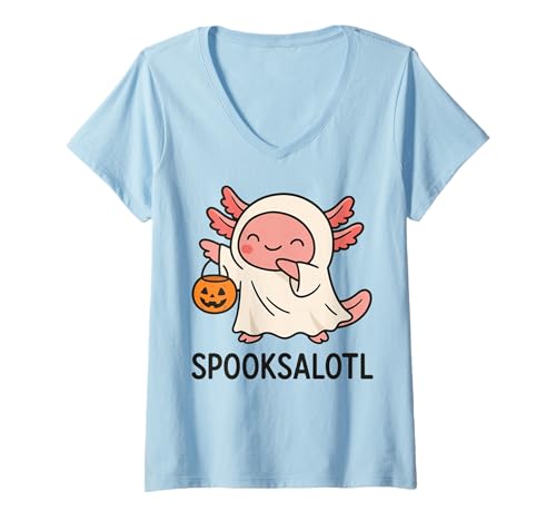 Damen Spooksalotl Halloween Axolotl T-Shirt mit V-Ausschnitt Damen Spooksalotl Halloween Axolotl T-Shirt mit V-Ausschnitt von Gruselig Halloween Geist Kostüm Süßer Axolotl