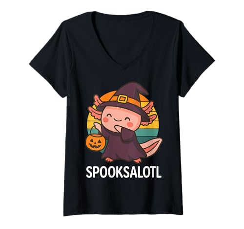 Damen Spooksalotl Halloween Axolotl T-Shirt mit V-Ausschnitt Damen Spooksalotl Halloween Axolotl T-Shirt mit V-Ausschnitt von Gruselig Halloween Geist Kostüm Süßer Axolotl