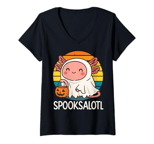 Damen Spooksalotl Halloween Axolotl T-Shirt mit V-Ausschnitt Damen Spooksalotl Halloween Axolotl T-Shirt mit V-Ausschnitt von Gruselig Halloween Geist Kostüm Süßer Axolotl
