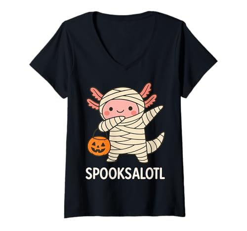 Damen Spooksalotl Halloween Axolotl T-Shirt mit V-Ausschnitt Damen Spooksalotl Halloween Axolotl T-Shirt mit V-Ausschnitt von Gruselig Halloween Geist Kostüm Süßer Axolotl