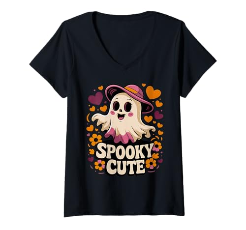 Damen Gruselig-süßer Geisterhexenhut mit Halloween-Herzen und Blum T-Shirt mit V-Ausschnitt Damen Gruselig-süßer Geisterhexenhut mit Halloween-Herzen und Blum T-Shirt mit V-Ausschnitt von Gruselige Geisterhexe mit Blumen- und Herzmuster