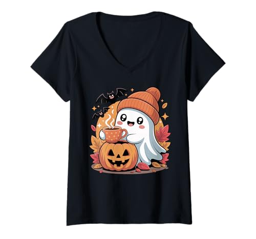 Damen Halloween Kürbis Geist Mit Heißem Getränk T-Shirt mit V-Ausschnitt von Gruselige Halloween Geister Spaß Herbst