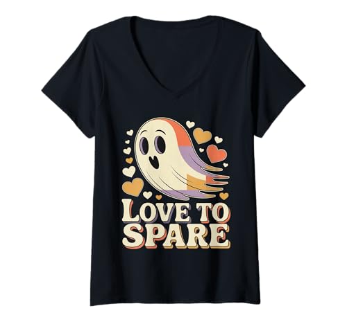 Damen Liebe zu verschenken – süßer Geist mit bunten Herzen – Hallo T-Shirt mit V-Ausschnitt von Gruselige Halloween-Grafik mit süßem Geist