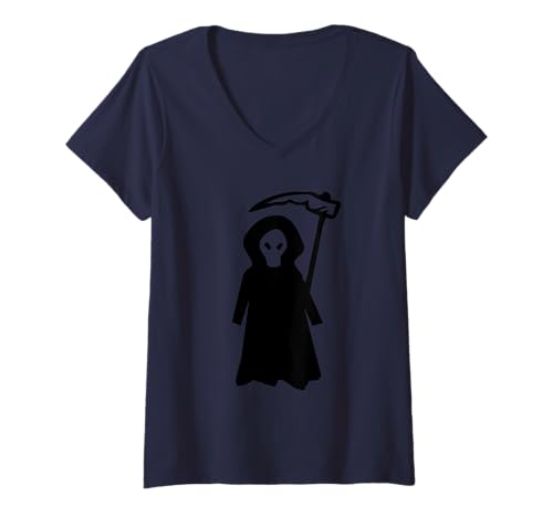 Damen Sensenmann im Dunkelgewand mit Sense – Halloween Design T-Shirt mit V-Ausschnitt Damen Sensenmann im Dunkelgewand mit Sense – Halloween Design T-Shirt mit V-Ausschnitt von Gruselige Halloween Motive