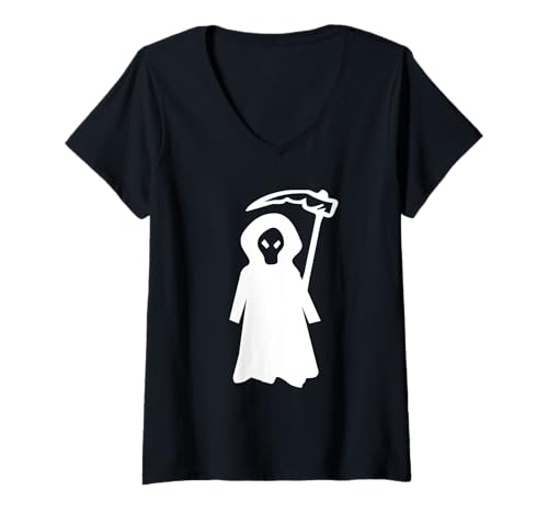 Damen Sensenmann im Dunkelgewand mit Sense – Halloween Design T-Shirt mit V-Ausschnitt Damen Sensenmann im Dunkelgewand mit Sense – Halloween Design T-Shirt mit V-Ausschnitt von Gruselige Halloween Motive