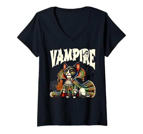 Damen Niedliche Vampirkatze Gothic Stil Halloween Nacht T-Shirt mit V-Ausschnitt von Gruselige Katze Graf Kostüm Fledermaus Burg