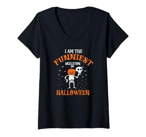 Damen Lustiger Kürbiskopf Skelett Halloween Humor Szene T-Shirt mit V-Ausschnitt Damen Lustiger Kürbiskopf Skelett Halloween Humor Szene T-Shirt mit V-Ausschnitt von Gruselige Kürbis Skelett Fans mit Humor