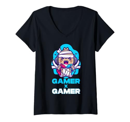 Damen Mumien-Gamer Halloween Mehrspieler Controllerkampf T-Shirt mit V-Ausschnitt Damen Mumien-Gamer Halloween Mehrspieler Controllerkampf T-Shirt mit V-Ausschnitt von Gruselige Monstertruppe Gaming-Champions