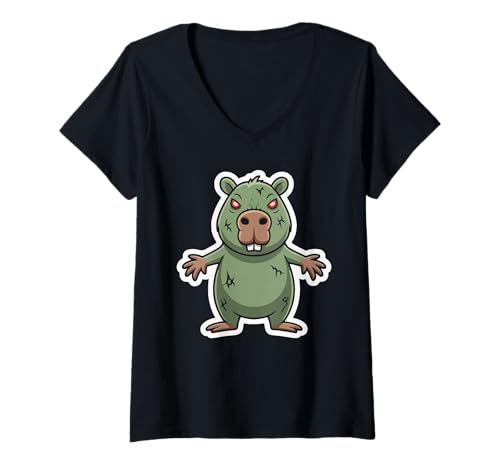Damen Niedliches Zombie Nager Comic Motiv Spaß T-Shirt mit V-Ausschnitt von Gruselige Niedliche Zombie Nager Cartoon