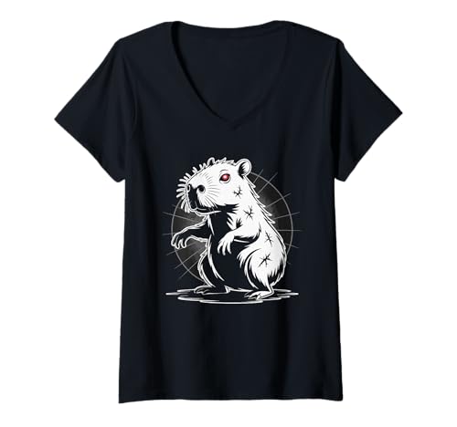 Damen Niedliches Zombie Nager Comic Motiv Spaß T-Shirt mit V-Ausschnitt von Gruselige Niedliche Zombie Nager Cartoon