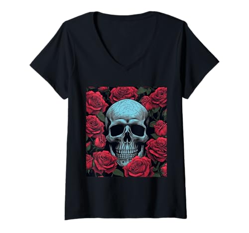 Damen Gothic Schädel mit Rosen – Dunkle Horror Blumen T-Shirt mit V-Ausschnitt Damen Gothic Schädel mit Rosen – Dunkle Horror Blumen T-Shirt mit V-Ausschnitt von Gruselige Rosen Geschenkidee Gothic Horror