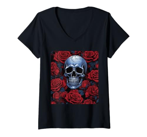 Damen Gothic Schädel mit Rosen – Dunkle Horror Blumen T-Shirt mit V-Ausschnitt von Gruselige Rosen Geschenkidee Gothic Horror