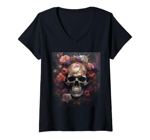 Damen Gothic Schädel mit Rosen – Dunkle Horror Blumen T-Shirt mit V-Ausschnitt von Gruselige Rosen Geschenkidee Gothic Horror