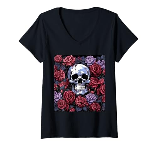 Damen Gothic Schädel mit Rosen – Dunkle Horror Blumen T-Shirt mit V-Ausschnitt von Gruselige Rosen Geschenkidee Gothic Horror