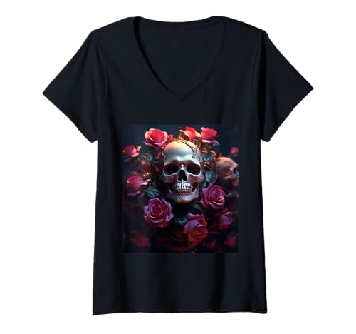 Damen Gothic Schädel mit Rosen – Dunkle Horror Blumen T-Shirt mit V-Ausschnitt von Gruselige Rosen Geschenkidee Gothic Horror