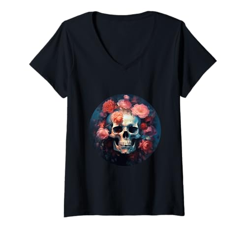 Damen Gothic Schädel mit Rosen – Dunkle Horror Blumen T-Shirt mit V-Ausschnitt von Gruselige Rosen Geschenkidee Gothic Horror