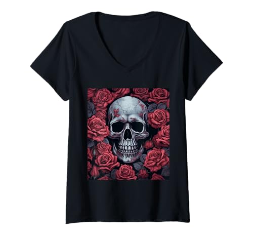 Damen Gothic Schädel mit Rosen – Dunkle Horror Blumen T-Shirt mit V-Ausschnitt von Gruselige Rosen Geschenkidee Gothic Horror