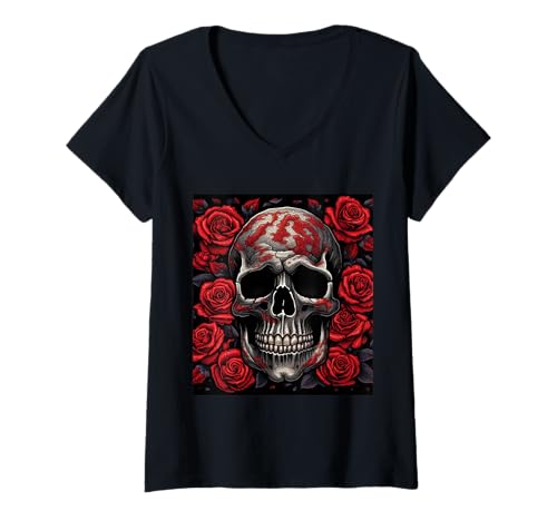 Damen Gothic Schädel mit Rosen – Dunkle Horror Blumen T-Shirt mit V-Ausschnitt von Gruselige Rosen Geschenkidee Gothic Horror