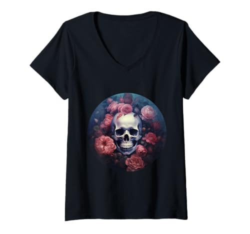Damen Gothic Schädel mit Rosen – Dunkle Horror Blumen T-Shirt mit V-Ausschnitt von Gruselige Rosen Geschenkidee Gothic Horror