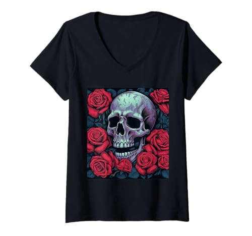 Damen Gothic Schädel mit Rosen – Dunkle Horror Blumen T-Shirt mit V-Ausschnitt von Gruselige Rosen Geschenkidee Gothic Horror