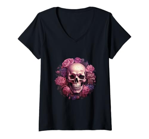 Damen Gothic Schädel mit Rosen – Dunkle Horror Blumen T-Shirt mit V-Ausschnitt Damen Gothic Schädel mit Rosen – Dunkle Horror Blumen T-Shirt mit V-Ausschnitt von Gruselige Rosen Geschenkidee Gothic Horror