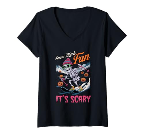 Damen Schnee Viel Spaß Sein Gruseliges Skelett Skifahren Halloween T-Shirt mit V-Ausschnitt von Gruselige Skelett-Halloween-Snowboarder-Grafik