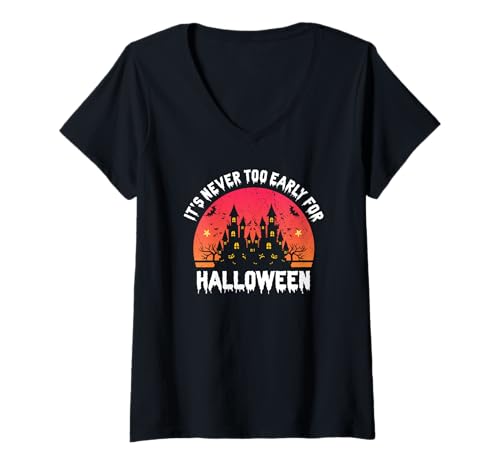 Damen Für Halloween ist es nie zu früh Spukschloss Vibes T-Shirt mit V-Ausschnitt Damen Für Halloween ist es nie zu früh Spukschloss Vibes T-Shirt mit V-Ausschnitt von Gruselige Sonnenuntergangs Burg Stimmung