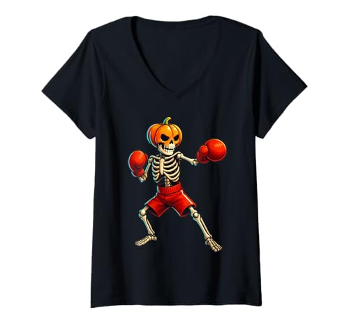 Damen Kürbis Boxer Skelett Lustiger Halloween Kämpfer T-Shirt mit V-Ausschnitt Damen Kürbis Boxer Skelett Lustiger Halloween Kämpfer T-Shirt mit V-Ausschnitt von Gruseliger Halloween-skelettkämpfer Kürbis-boxer