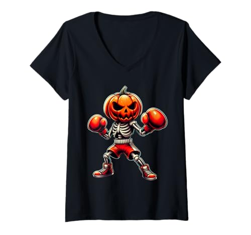 Damen Kürbis Boxer Skelett Lustiger Halloween Kämpfer T-Shirt mit V-Ausschnitt von Gruseliger Halloween-skelettkämpfer Kürbis-boxer
