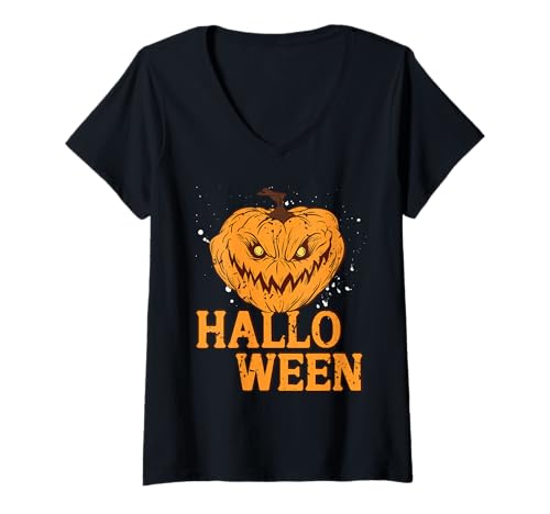 Damen Böses Kürbisgesicht Halloween Horrorblick T-Shirt mit V-Ausschnitt Damen Böses Kürbisgesicht Halloween Horrorblick T-Shirt mit V-Ausschnitt von Gruseliger Kürbis Ausgeschnittene Augen