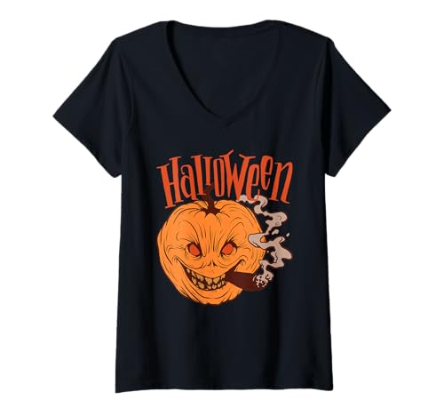 Damen Grinsender Kürbis mit Rauch Gesicht Halloween T-Shirt mit V-Ausschnitt Damen Grinsender Kürbis mit Rauch Gesicht Halloween T-Shirt mit V-Ausschnitt von Gruseliger Kürbis Gesicht Humor Horror Style
