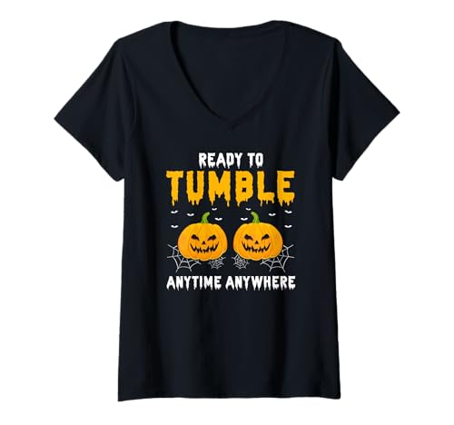 Damen Bereit Zu Stürzen Kürbis Horror Stimmung Herbst T-Shirt mit V-Ausschnitt von Gruseliger Kürbis Kampf Humor Spaß