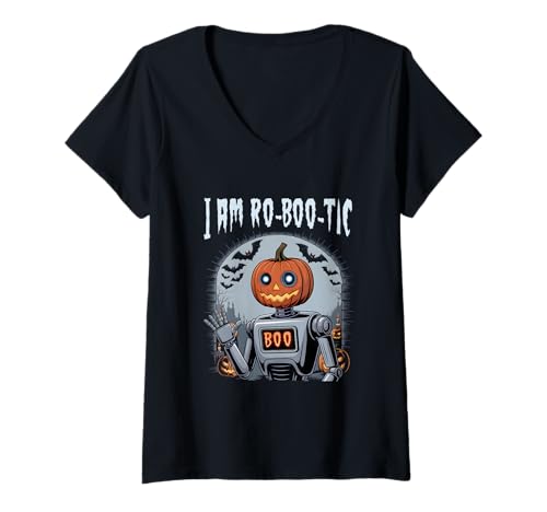 Damen Ro Boo Tic Lustiger Kürbis-Roboter Halloween T-Shirt mit V-Ausschnitt Damen Ro Boo Tic Lustiger Kürbis-Roboter Halloween T-Shirt mit V-Ausschnitt von Gruseliger Nachtkürbis-Roboter Halloween-Grafik