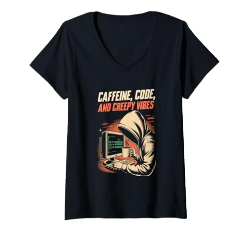 Damen Koffein-Code und gruselige Stimmung Halloween-Hacker-Kaffeel T-Shirt mit V-Ausschnitt Damen Koffein-Code und gruselige Stimmung Halloween-Hacker-Kaffeel T-Shirt mit V-Ausschnitt von Gruseliger Programmierer-Coder-Kaffee-Halloween-Gr