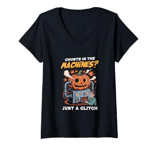 Damen Geister in der Maschine Nur EIN Glitch Halloween-Mechaniker- T-Shirt mit V-Ausschnitt Damen Geister in der Maschine Nur EIN Glitch Halloween-Mechaniker- T-Shirt mit V-Ausschnitt von Gruseliger Tech-Glitch Retro-Halloween-Kürbis-Humo