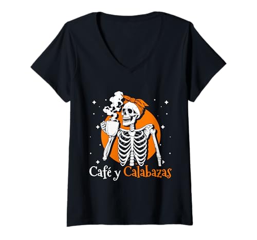 Damen Cafe y Calabazas Spanish Halloween Design T-Shirt mit V-Ausschnitt Damen Cafe y Calabazas Spanish Halloween Design T-Shirt mit V-Ausschnitt von Gruseliges 31. Oktober Design Halloween