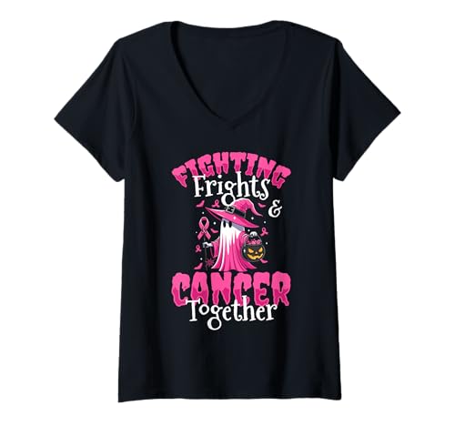Damen Fighting Frights & Breast Cancer Awareness Halloween T-Shirt mit V-Ausschnitt von Gruseliges 31. Oktober Design Halloween