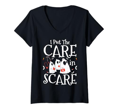 Damen I Put The Care In Scare Nurse Halloween Design T-Shirt mit V-Ausschnitt von Gruseliges 31. Oktober Design Halloween