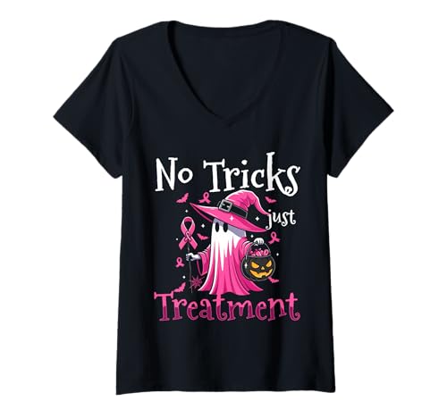 Damen No Tricks Just Treatments Breast Cancer Awareness Halloween T-Shirt mit V-Ausschnitt von Gruseliges 31. Oktober Design Halloween