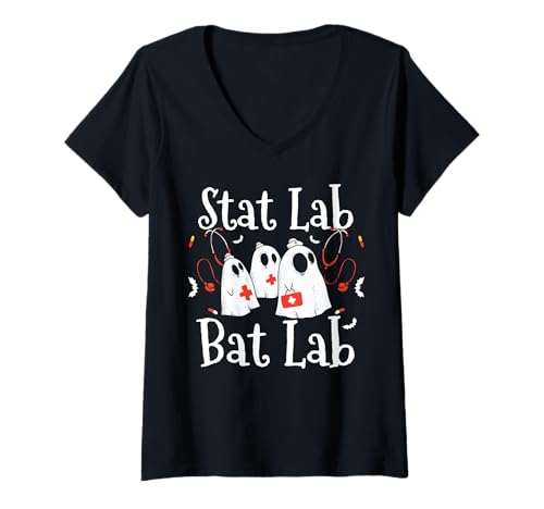 Damen Stat Lab Bat Lab Nurse Halloween Design T-Shirt mit V-Ausschnitt von Gruseliges 31. Oktober Design Halloween