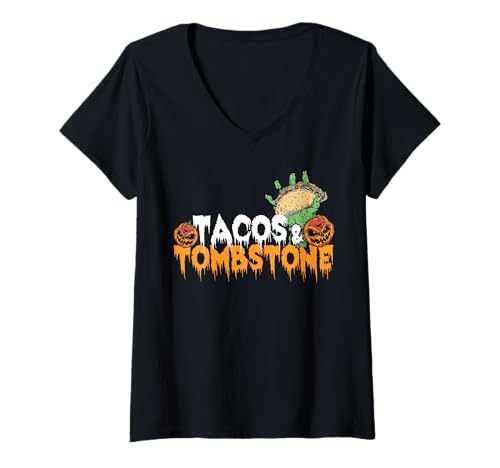 Damen Tacos & Tombstone Halloween Design T-Shirt mit V-Ausschnitt von Gruseliges 31. Oktober Design Halloween