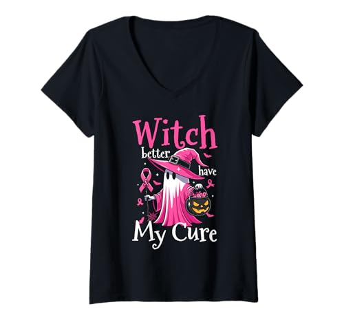 Damen Witch Better Have My Cure Breast Cancer Awareness Halloween T-Shirt mit V-Ausschnitt Damen Witch Better Have My Cure Breast Cancer Awareness Halloween T-Shirt mit V-Ausschnitt von Gruseliges 31. Oktober Design Halloween