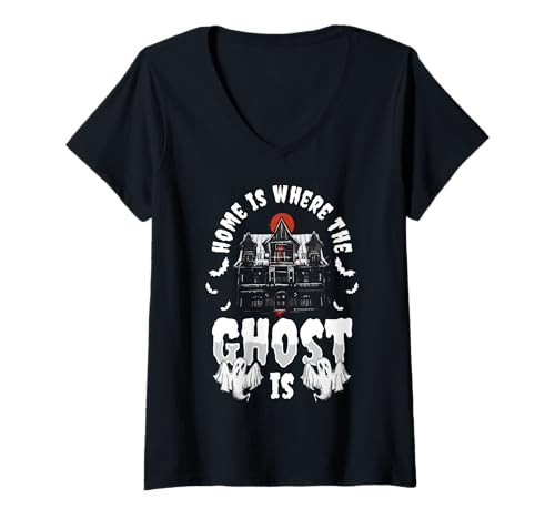 Damen Home is Where The Ghost is Ghost Hunting Halloween T-Shirt mit V-Ausschnitt Damen Home is Where The Ghost is Ghost Hunting Halloween T-Shirt mit V-Ausschnitt von Gruseliges Halloween Design Idee